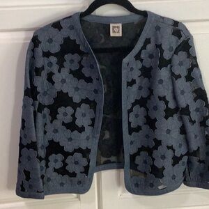 Beautiful AnneKlein jacket. Black Mesh with appliquéd blue flowers.